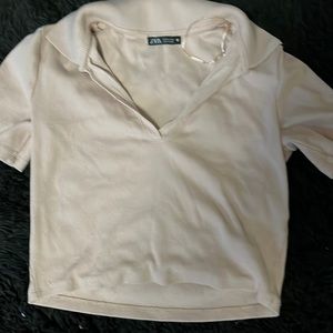 Zara cropped collared v-neck tee light pink